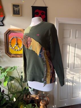 Levi's Olive Green Reworked Upcycled Patchwork Crewneck Sweatshirt